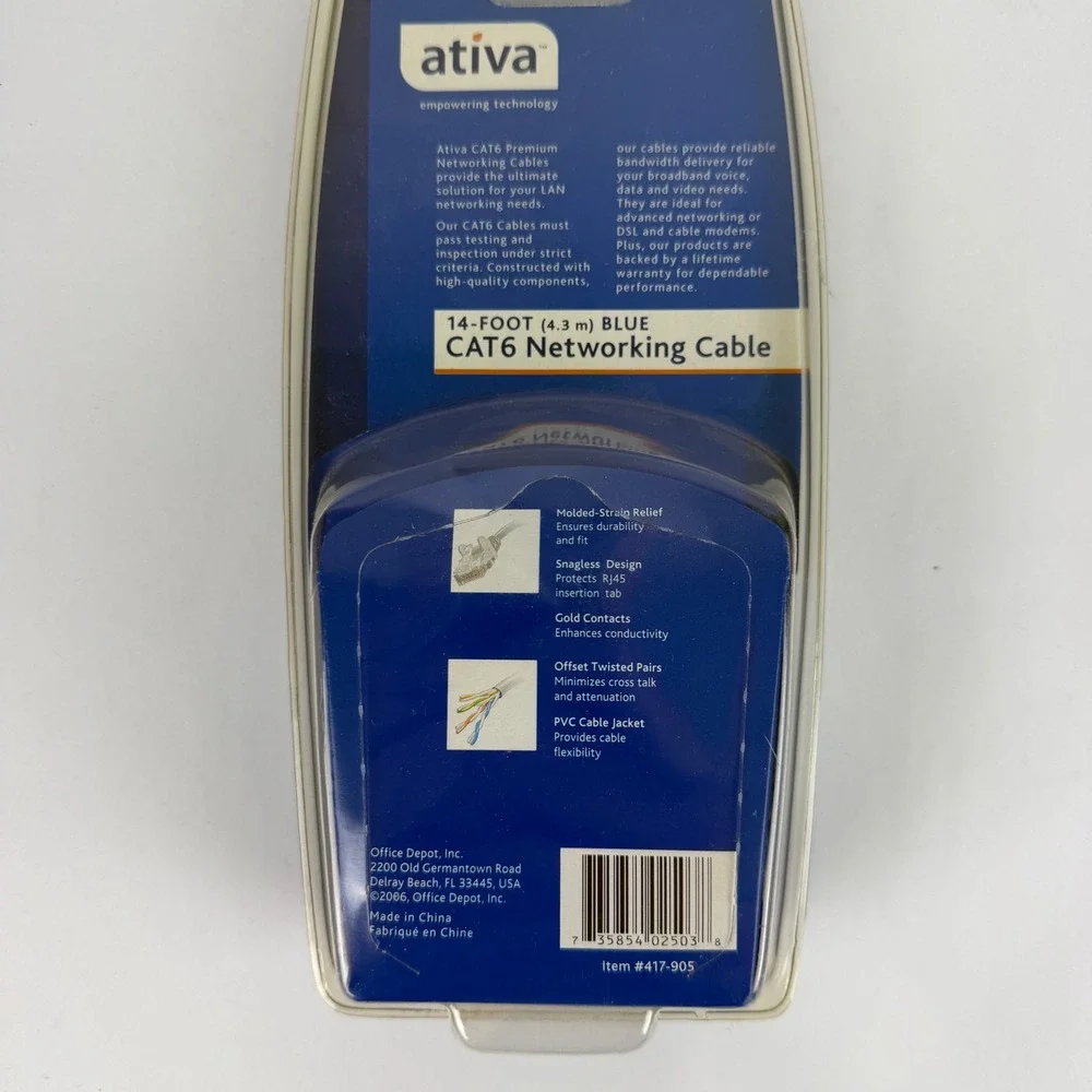 Ativa 14ft Blue CAT6 Networking Cable Gigabit Ethernet RJ45 Snagless 417-905 NEW